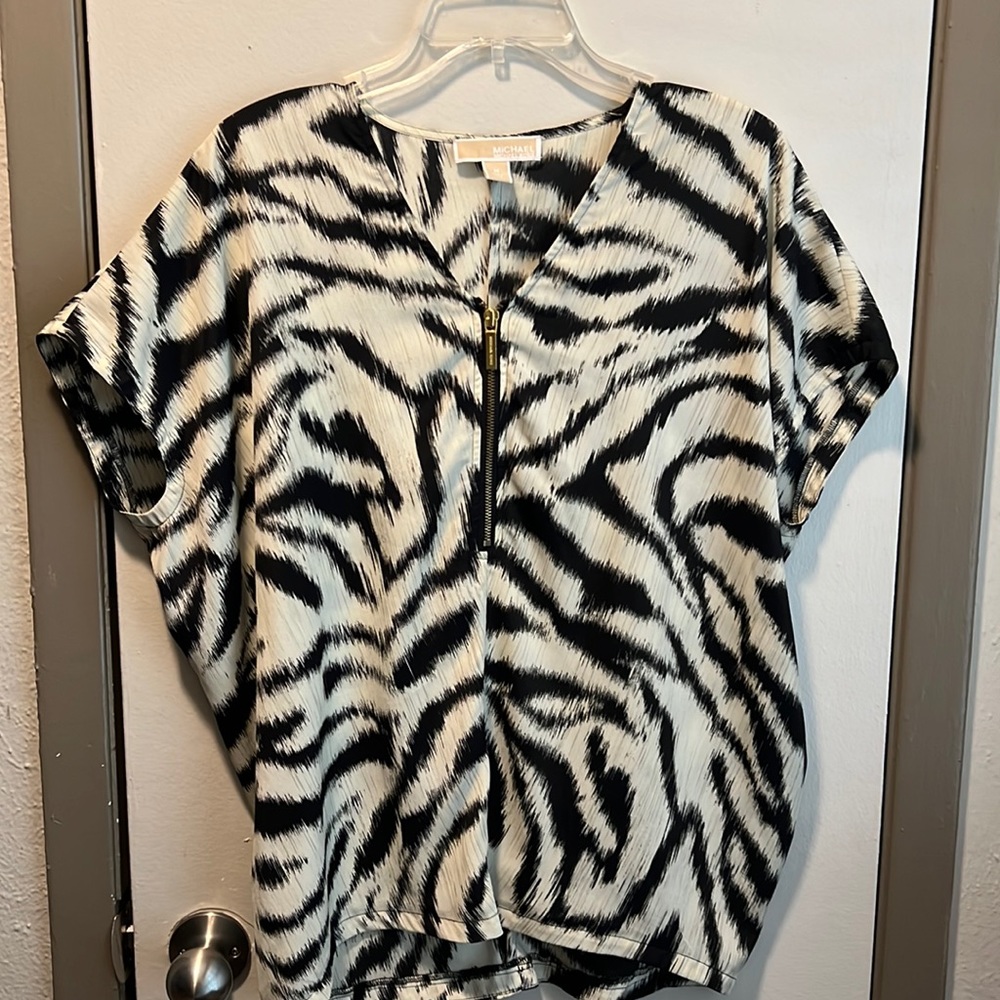 Michael Kors Zip Up Zebra Print Black & White Blouse Size Medium
